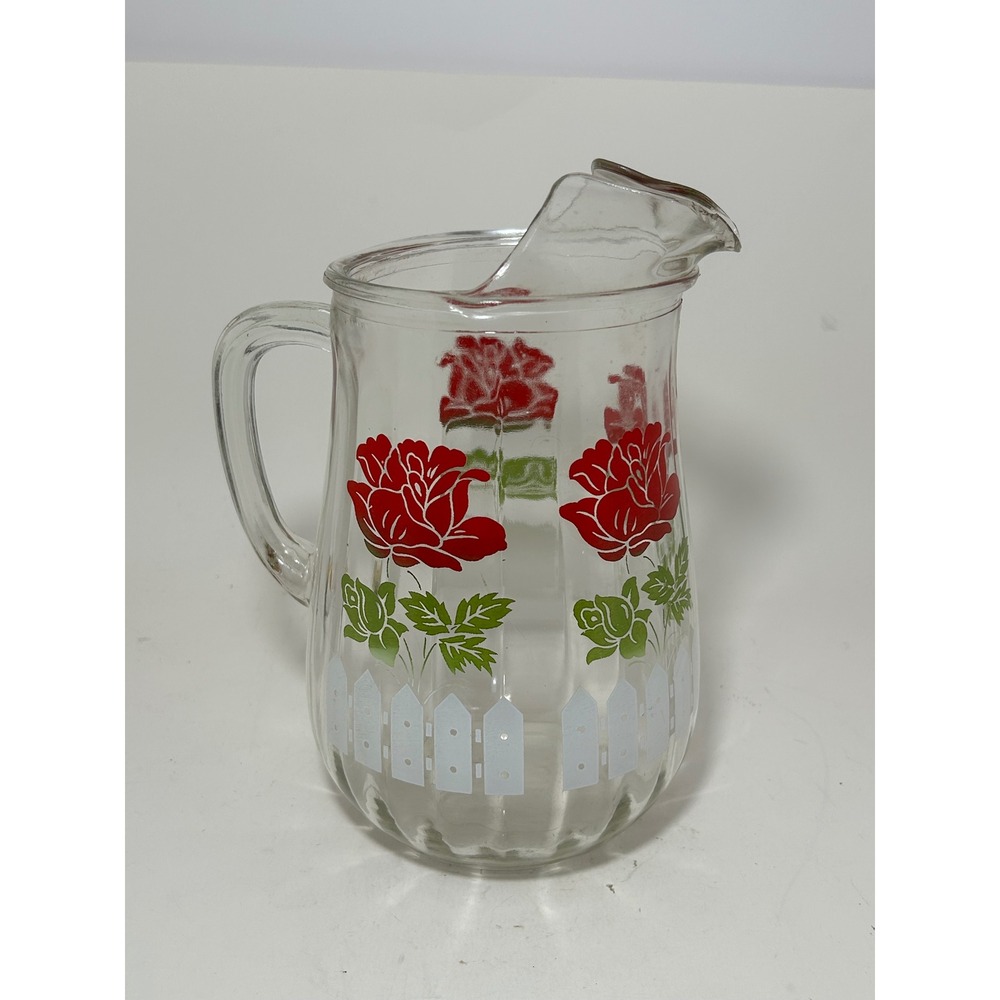 Vintage‎ Glass Pitcher Red Roses White Picket Fence Ice Lip Spout Retro Kitchen